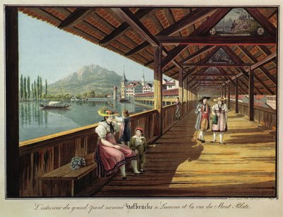 Het interieur van de grote brug genaamd Hofbrücke in Luzern en uitzicht op de berg Pilatus door Johann Jakob Meyer